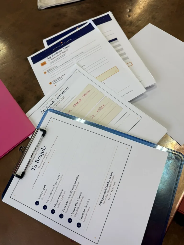 Chispitas worksheets — Tu Brújula, My Spark Statement, My Business Name — spread across a worktable.